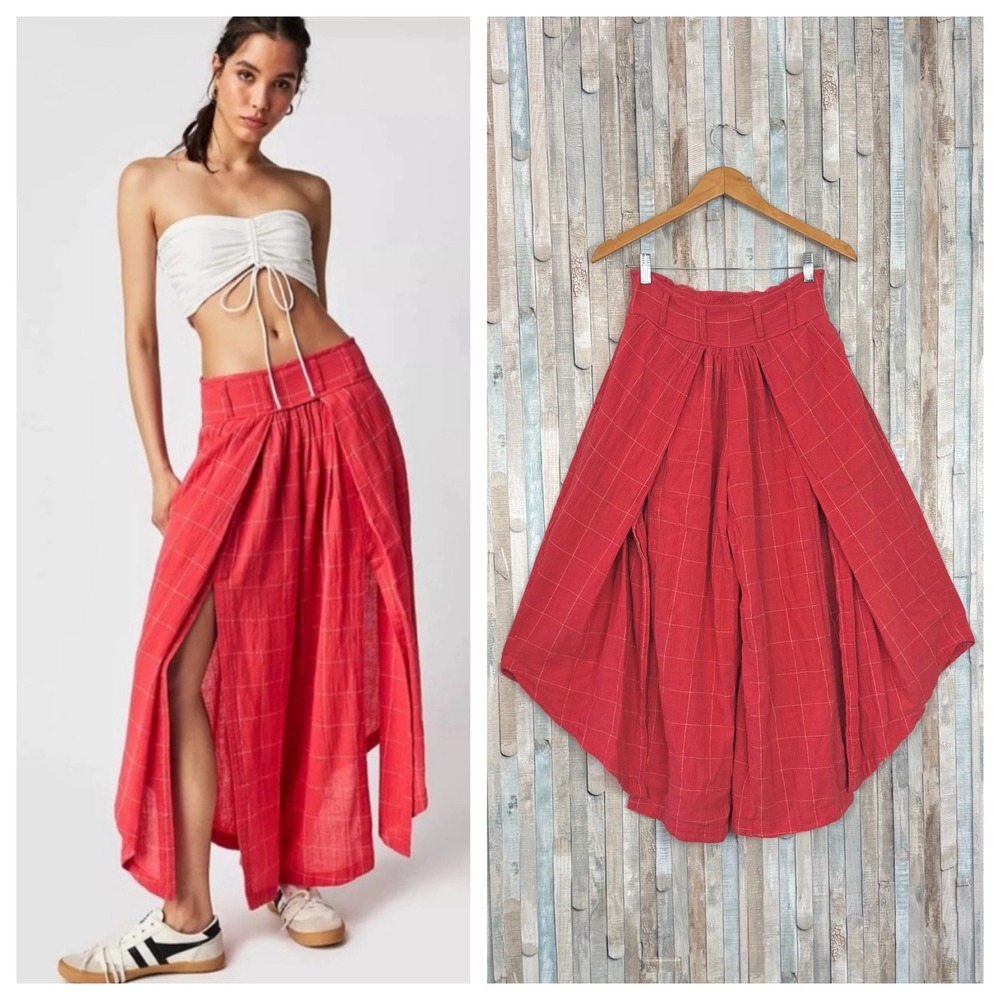 Free People XS Lunar Cove Wide Leg Pants Red Plaid Cotton Gauze Split Front Boho